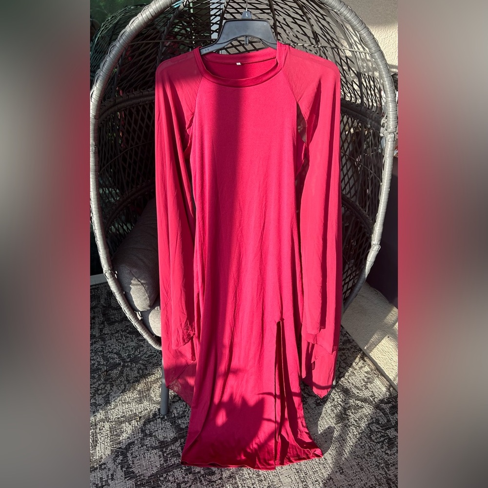 Wine red Long sleeve XL Maxi dress With mesh sleveves with dress slit